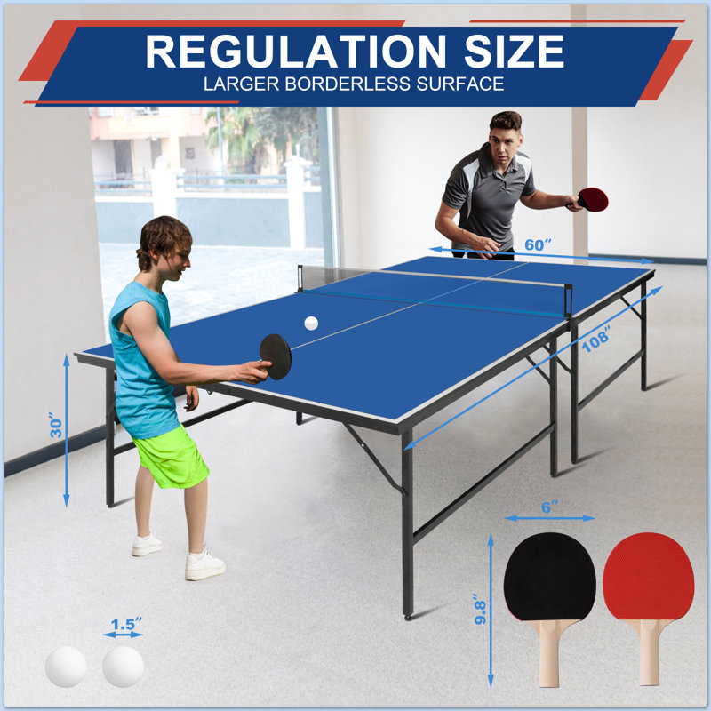 9' Ping Pong Table Set for Outdoor and Indoor, Foldable Table Tennis Table With Net, 2 Paddles, 2 Balls