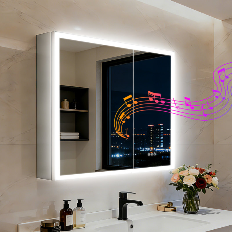 Led Bathroom Medicine Cabinet, Dual Bluetooth Speakers, Defog, Dimmable 3-Color Light, Dual Doors, Memory Function, Outlets, Adjustable Shelves, Tempered Glass