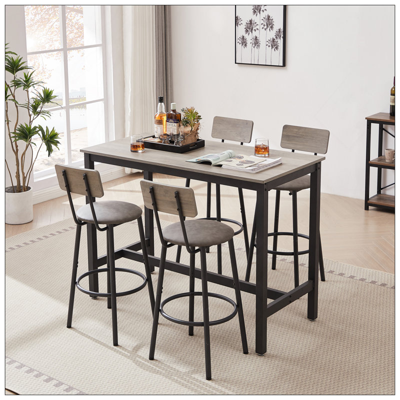 Ensemble de table de bar avec 4 tabourets de bar en polyuréthane avec dossier, l 47,24 po x l 23,62 po x H 35,43 po, Gris