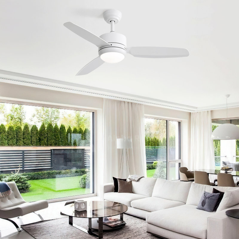 Ventilateur de plafond moderne à 3 pales avec lumière DEL et télécommande Ladontay, 44 po de largeur, Blanc