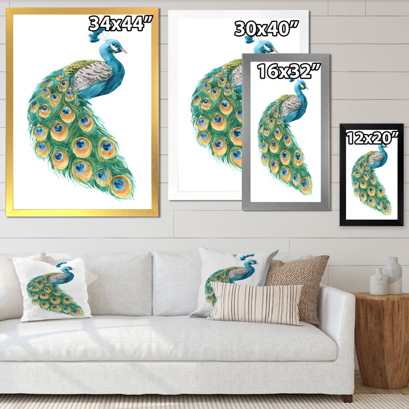 Vibrant bleu jaune et vert paon - Peinture sur toile, H 40 po x l 30 po, Cadre photo doré