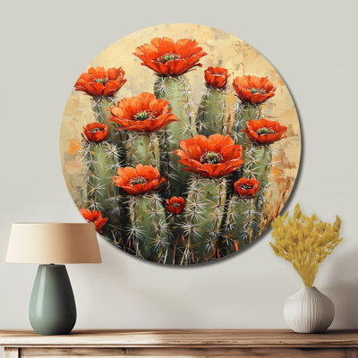 Linzy - Traditional Red Metal Art Print, Cactus Round Metal Wall Decor