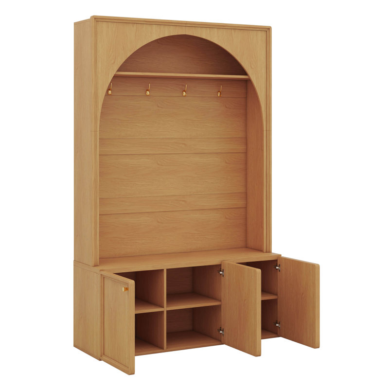 Hall Tree Entryway Organizer, Storage Bench With 3 Cabinets Adjustable Shelves, Retro Arched Coat Rack With 4 Golden Hooks