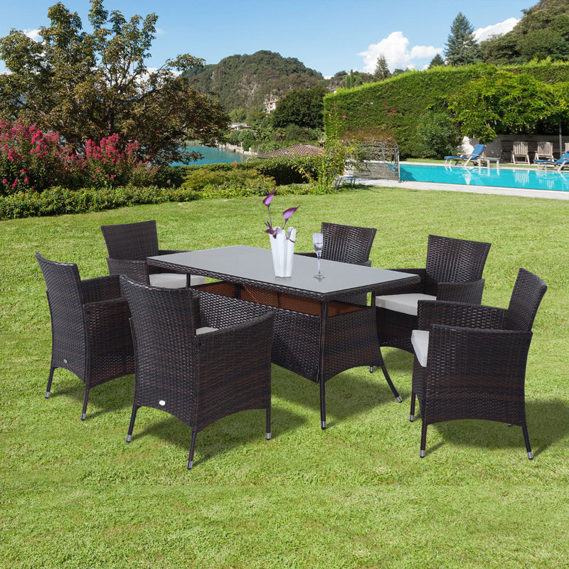 6 - Person Wicker Patio Dining Set with Rectangular Table , Cushions Included, Galvanised Steel Brown