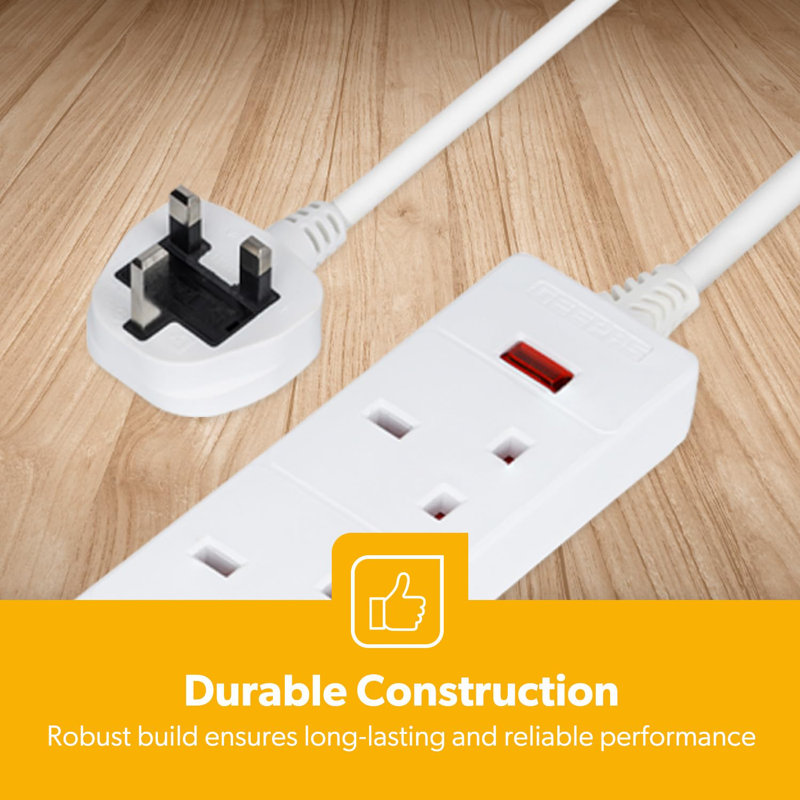 GEEPAS 6 Gang Extension Lead, 1M Cable | 6-Way Plug Extension Cable with Neon Indicator Light | Wall Mountable & Multi Socket Mains Strip for Home Bedroom Office | Heavy Duty UK Plug | White Pack of 2