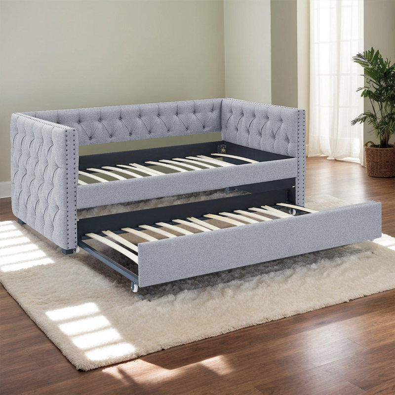 Mid-Century Upholstered Daybed With Pull-Out Trundle - Button-Tufted Sofa Bed For Living Room & Guest Space, Twin, Gray