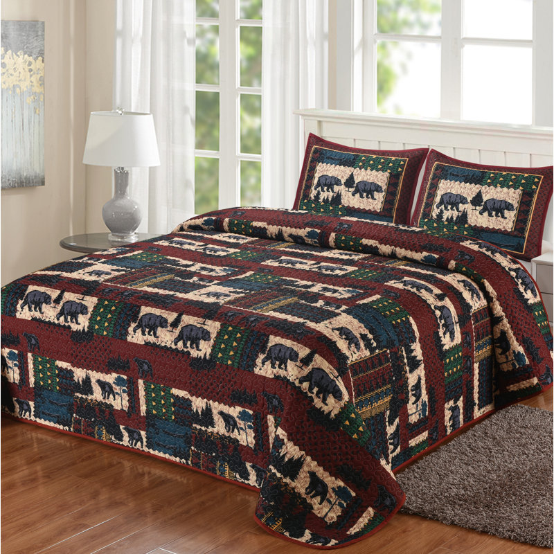 Bears Scarlet and Black Patchwork Boho Woodland Geometric Print Decorative Quilt Bedding Set, King Quilt + 2 Shams
