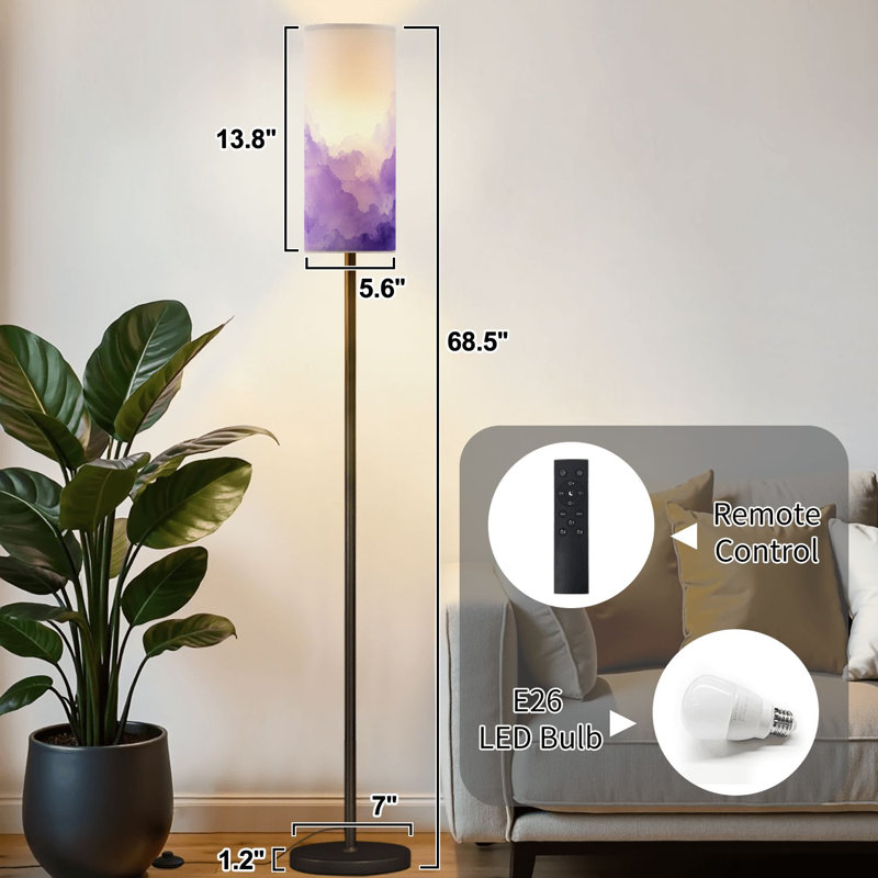 Lampe sur pied à aquarelle mauve à intensité variable moderne avec télécommande et interrupteur au pied avec abat-jour et lampe sur pied pour le bureau de la chambre à coucher