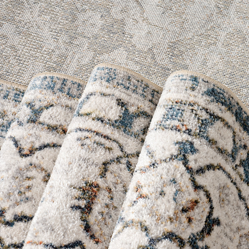 Floral Border Foldable Washable Area Rug –Light Blue, Rectangle 7' x 10'