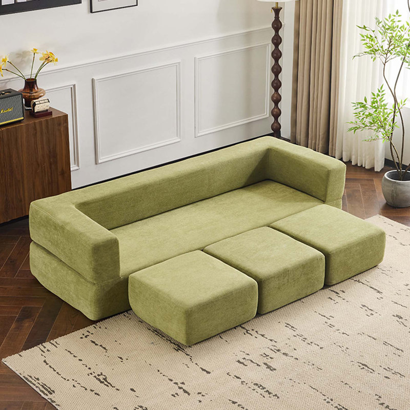Canapé-lit modulaire convertible en chenille avec 3 repose-pieds, Green Chenille