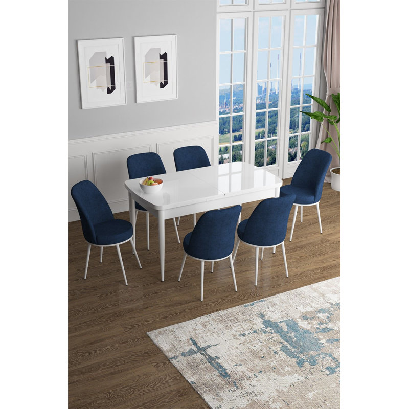 Ensemble de table et chaises de salle à manger extensible (7 pièces), H 30,7 po x l 44,9 po x P 27,6 po, Blanc, Marine