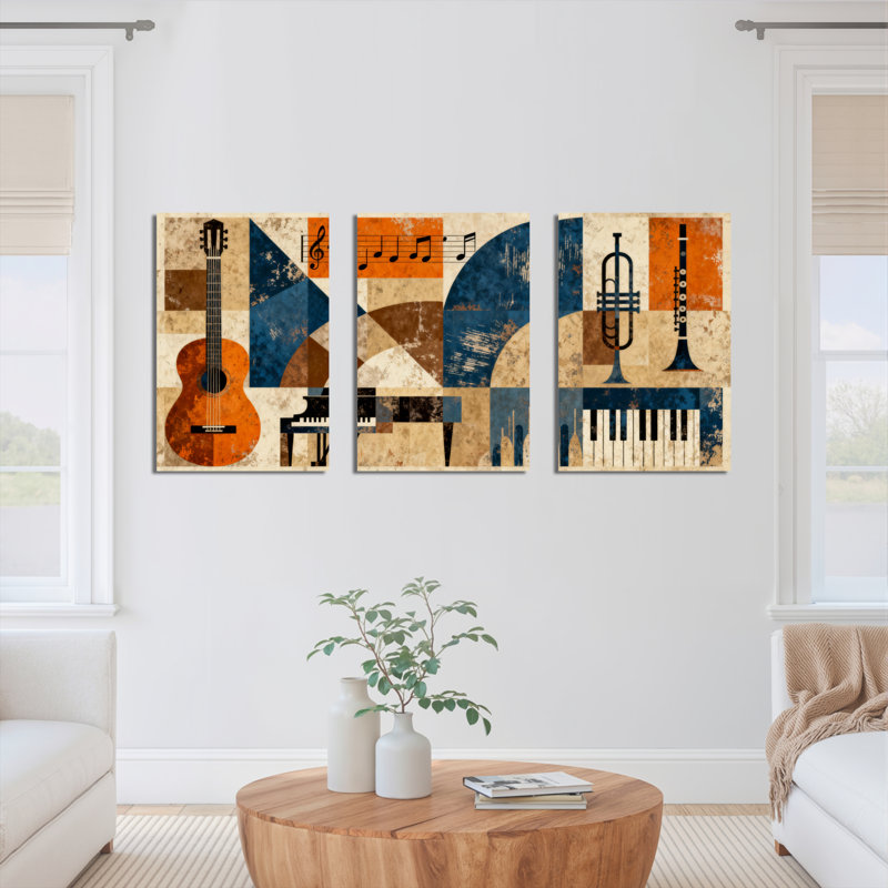 Tableau abstrait d'instruments de musique sur toile (lot de 3), H 24 po x l 48 po