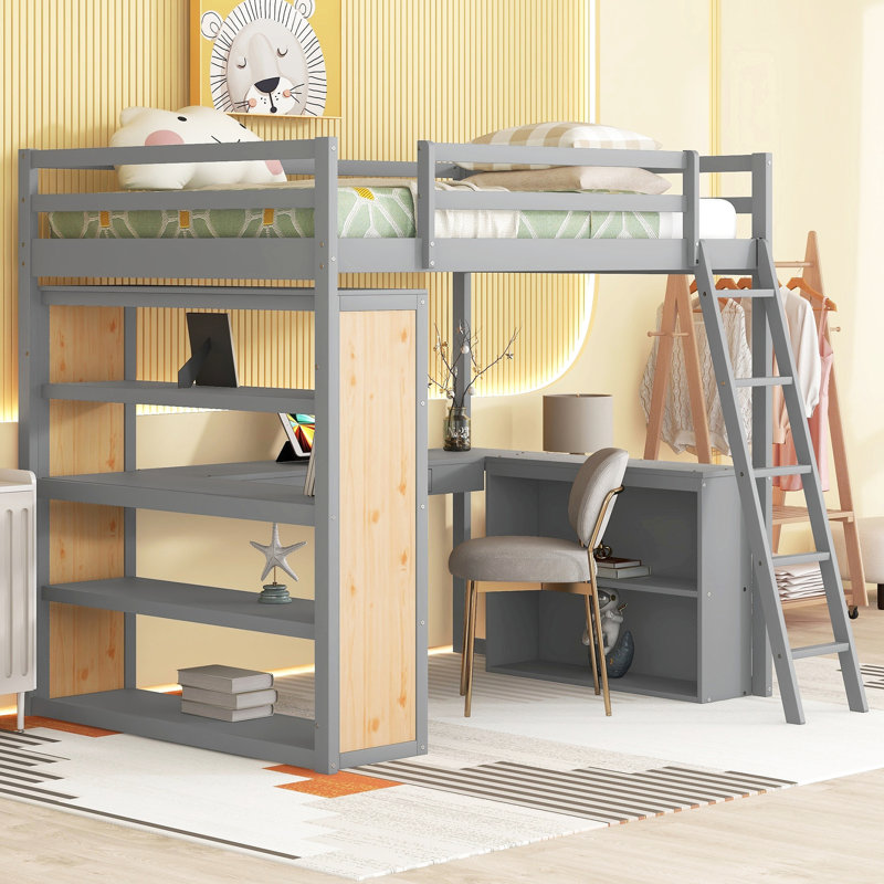 Lit mezzanine pleine grandeur avec bureau, tablettes en gris - Maximisez l'espace de vie en gris. Tablettes et bureau pratiques. Structure en bois massif durable