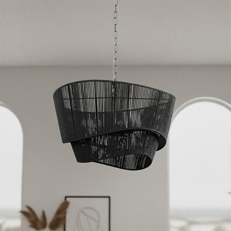 5-light 21" Handmade Rattan Craftsmanship Drum Chandelier with Matte Black Finish for Bedroom, Black
