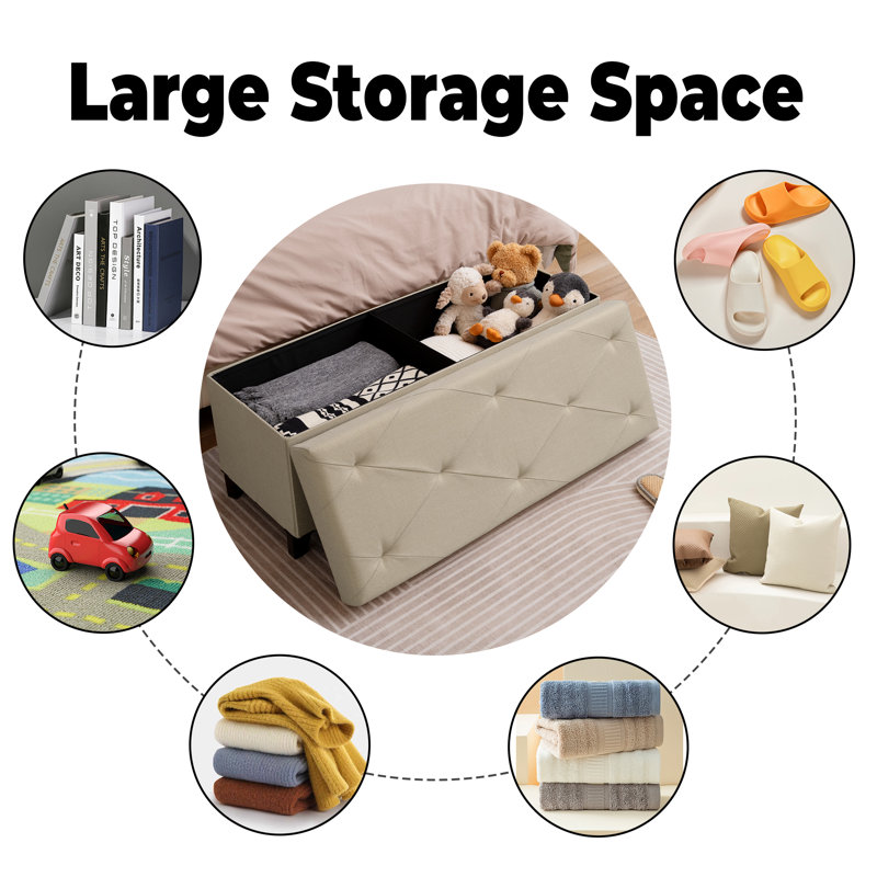 Banc de rangement rembourré avec pieds en bois massif Jenaya, Beige