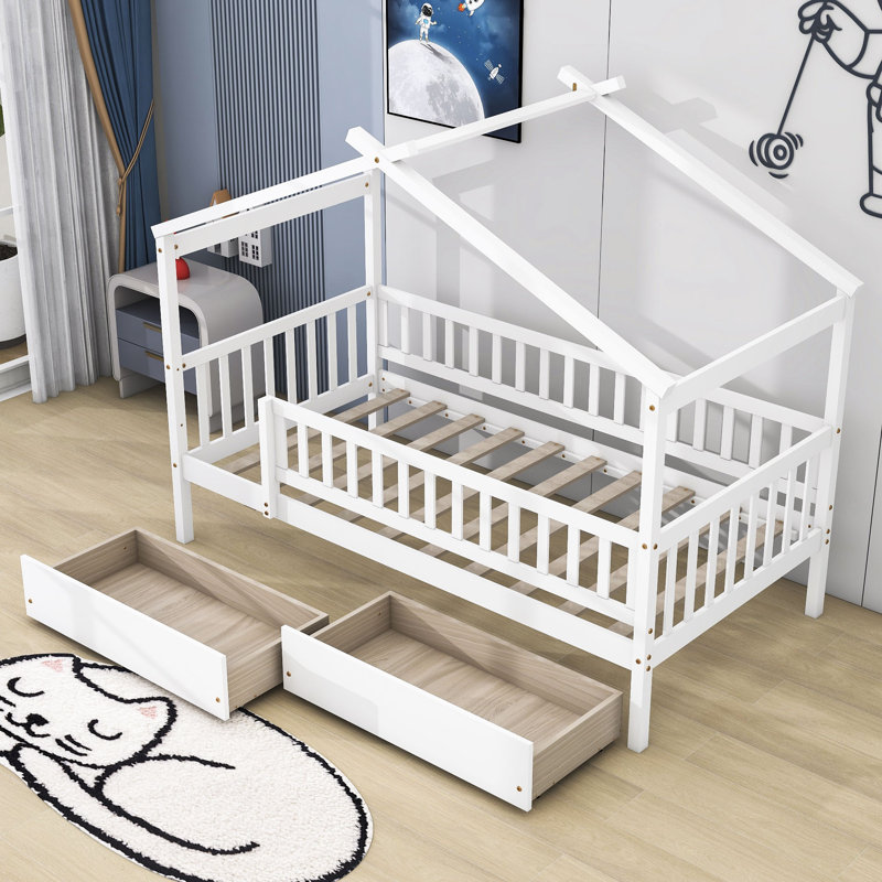 Wood House Bed with 2 Drawers, Roof Design and Guardrails, Twin, White