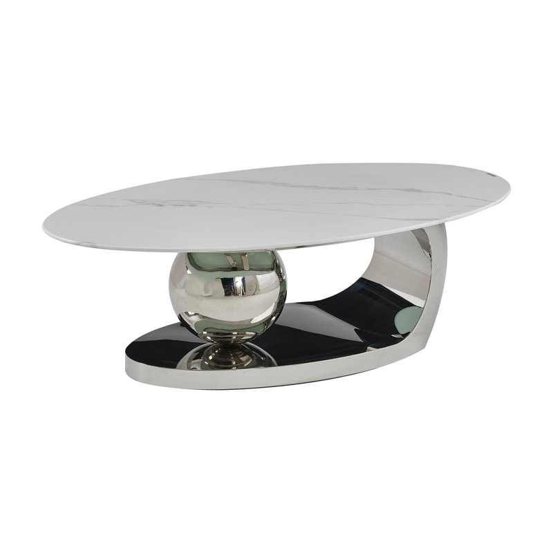 Table basse 51,20 pouces ovale en faux marbre pour le salon, design moderne, base en acier inoxydable à motif de marbre blanc.
