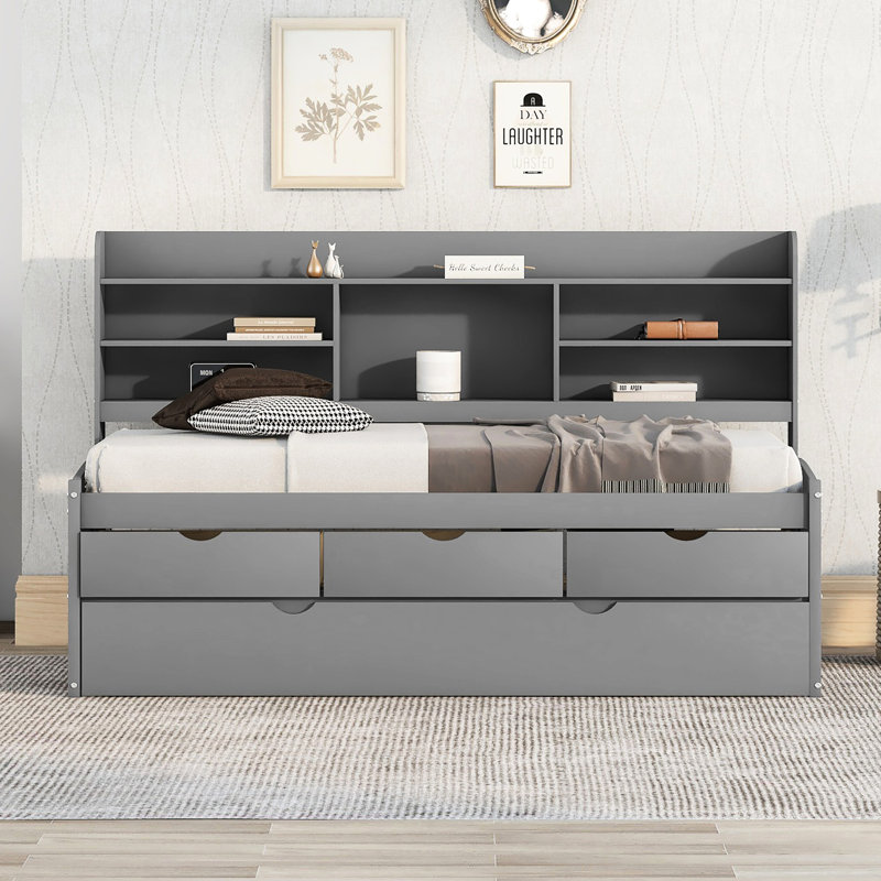 Lit en bois avec tablettes intégrées, 3 compartiments de rangement et lit gigogne, Gris, Lit simple