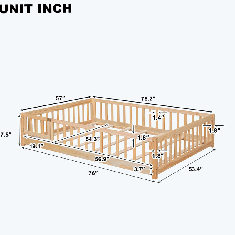 Floor Platform Bed with Fence Guardrails and Door