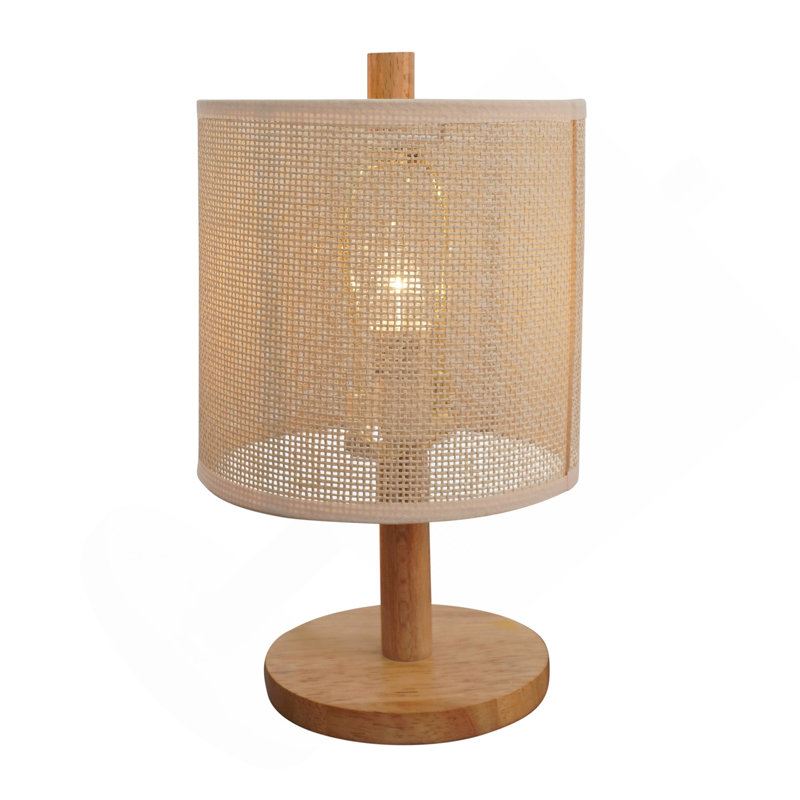 Lampe de table Levio, base en bois de chêne naturel avec abat-jour en lin, matériau de tissage en rotin de papier 110-120 V
