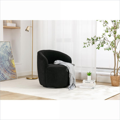 Fauteuil demi-tonneau pivotant en tissu pour adultes Teddy, fauteuil noir avec anneau en métal thermolaqué noir, siège confortable pour la chambre à coucher du salon