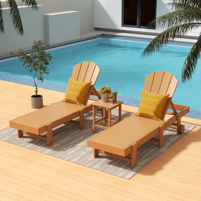 Laguna 77.6" Long Outdoor All-Weather Poly Reclining Chaise Lounge Set, Teak
