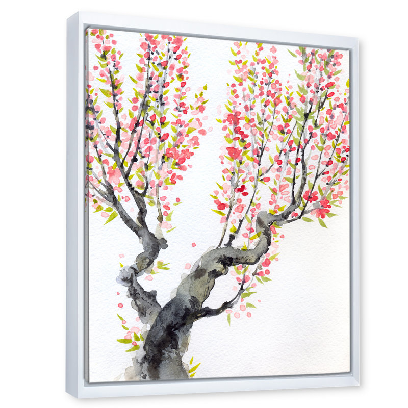 Printemps, fleurs rouges sur des branches d'arbre - imprimé traditionnel, Cadre blanc, H 32 po x l 16 po x P 1 po