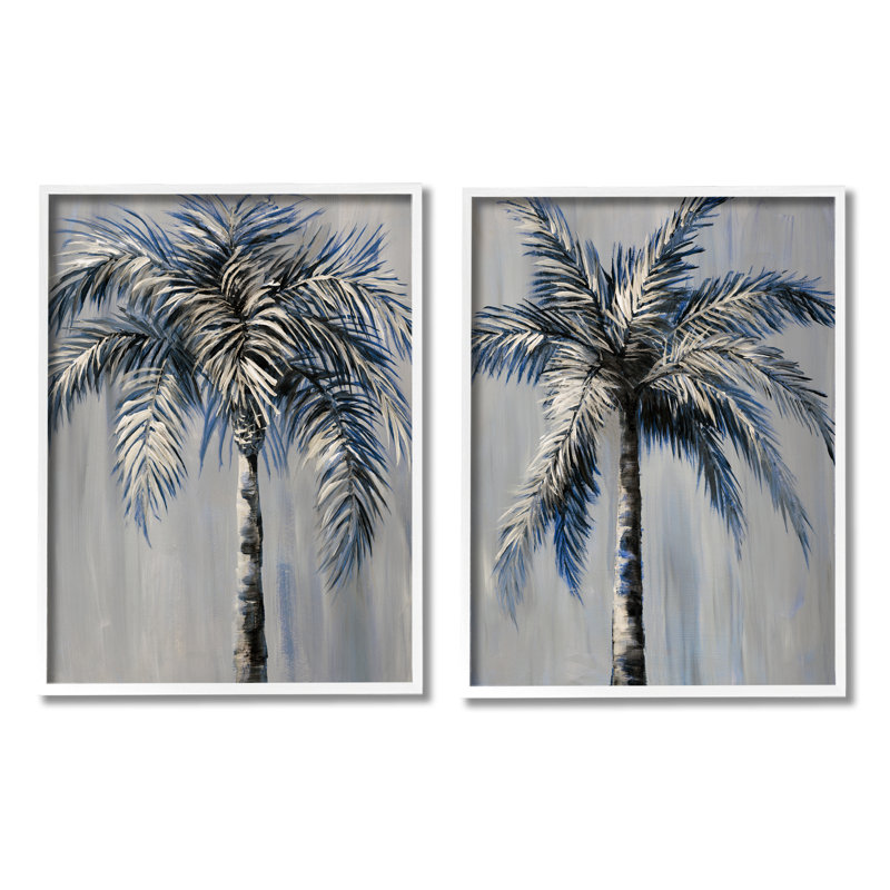 Palmiers gris modernes 2 pièces par Nan, H 30 po x l 48 po x P 1,5 po, Estampe numérique encadrée blanc bord de mer