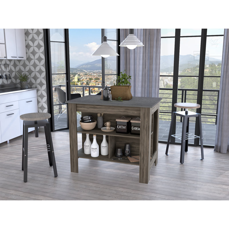 Brooklyn  Kitchen Island, Three Concealed Shelves, Gray/Brown