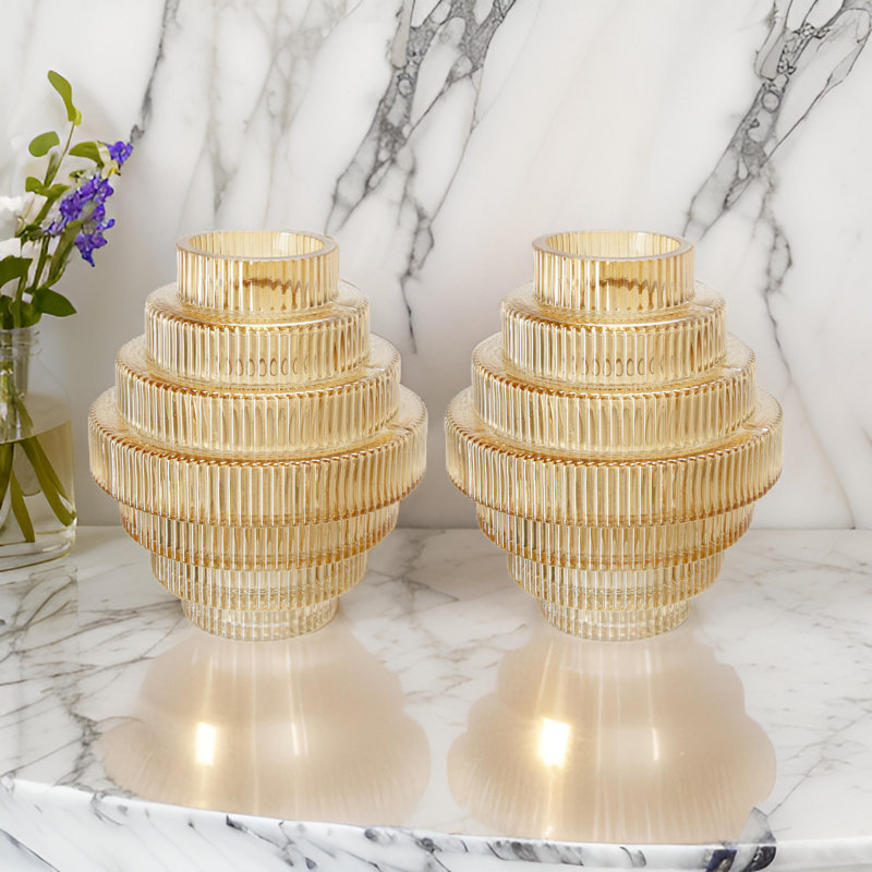 Set of 2 Clear Amber Lustre Glass Accent Vases with Modern Geometric Tiered Design, Amber