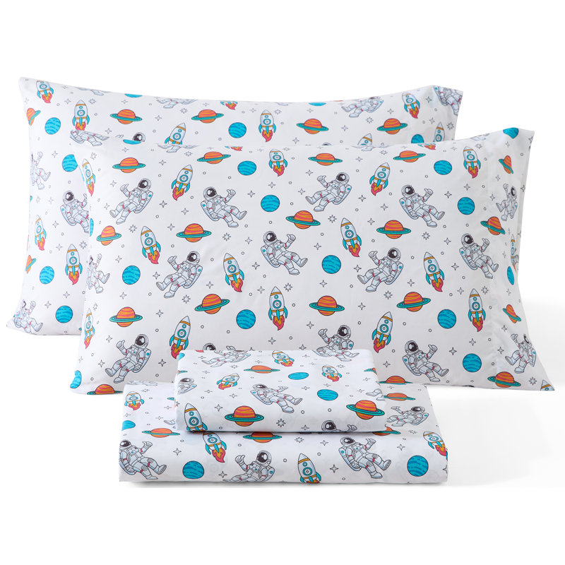 HLC.ME Astronaut Space Printed Kids Bed Sheets - 4 Piece Patterned Bed Sheet Set - Wrinkle Resistant & Ultra Soft - Fits Mattresses up to 15 Inches Deep - Full