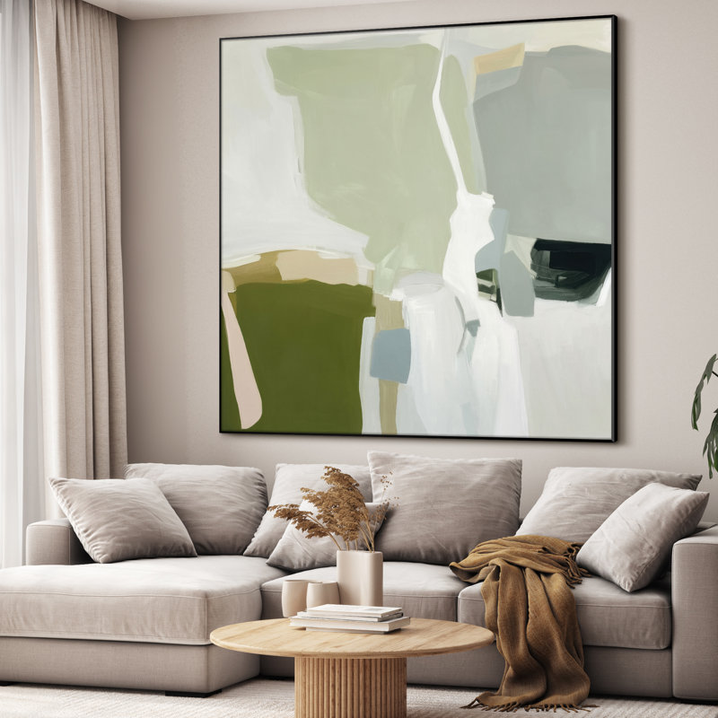 Très grand imprimé géométrique abstrait mural - formes vertes et neutres, décor moderne pour le salon ou la chambre à coucher, assemblage requis (assemblage requis)