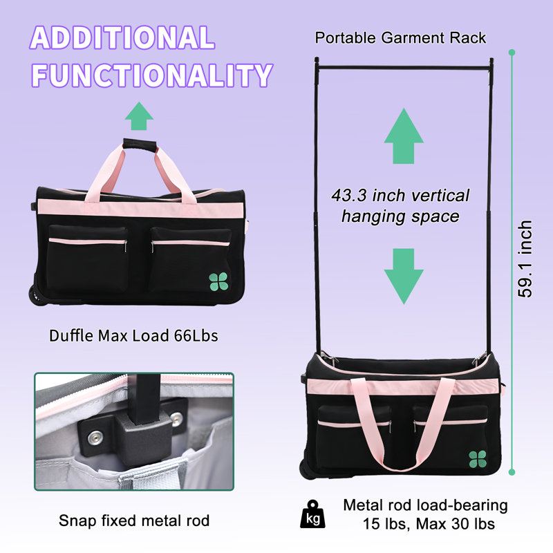Meliz Dance Bag With Garment Rack, 28" Dance Costumes Rolling Garment Bags with Wheels for Shows, Travel, Black/Pink
