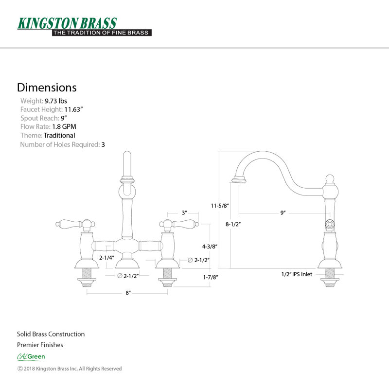Kingston Brass Restoration Two-Handle 3-Hole Deck Mount Bridge Kitchen Faucet, Oil Rubbed Bronze