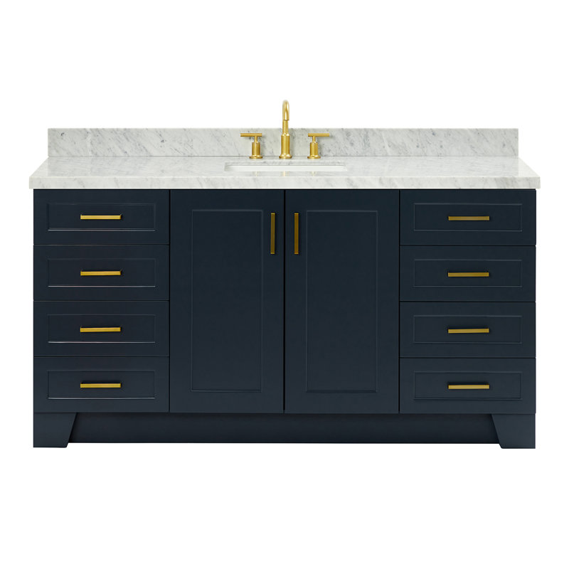 Freitas 67'' Solid Wood Single Bathroom Vanity in Midnight Blue with 1.5'' Carrara Marble Top, Center, Rectangle Sink