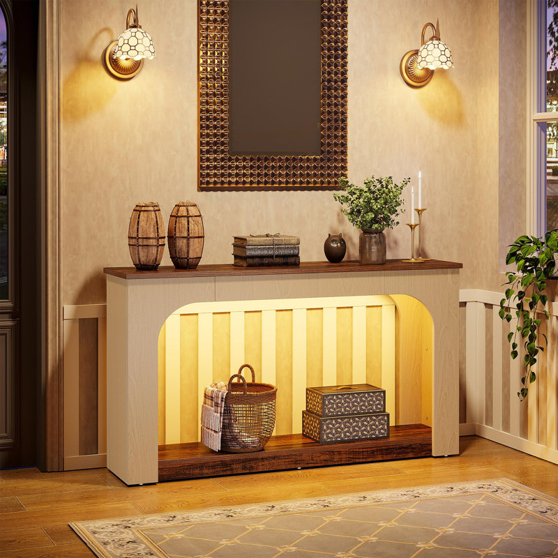 Farmhouse Led Console Table, Wooden Foyer Entry Table, Narrow Long Vintage Sofa Table Behind Sofa, White