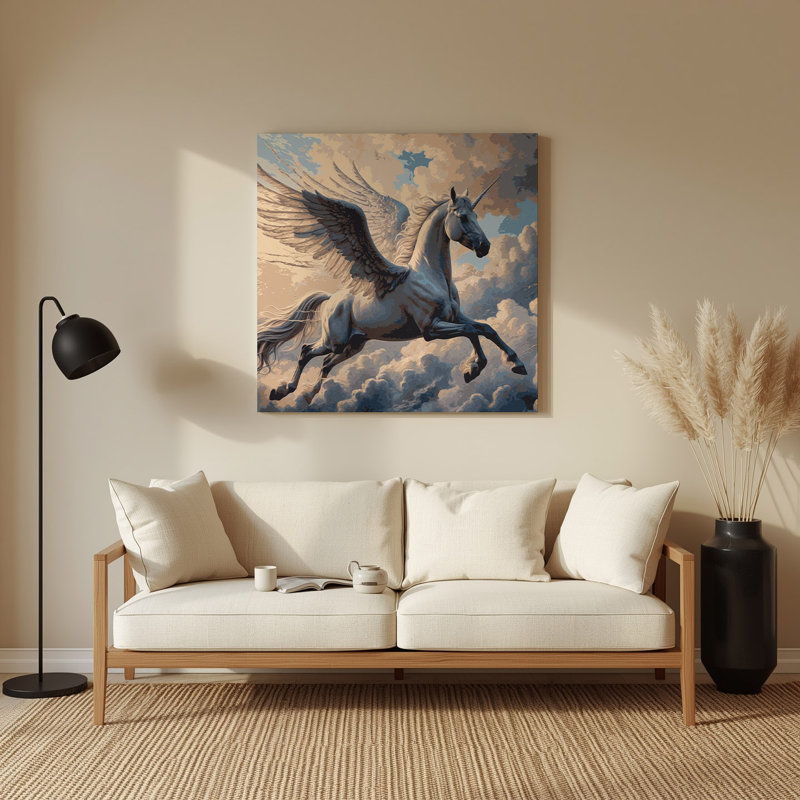 Art mural en métal Sci Fi Pégase volant à travers les nuages, H 192 po x l 192 po x P 0,05 po