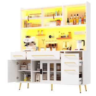 White Tall Cabinet with LED Lighting, with Perforated Wall, Drawer & Glass Shelves, Sideboard for Kitchen and Living Room