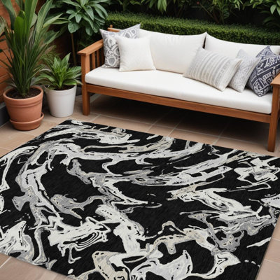 8' X 10' Black And Grey Abstract Washable Indoor Outdoor Area Rug