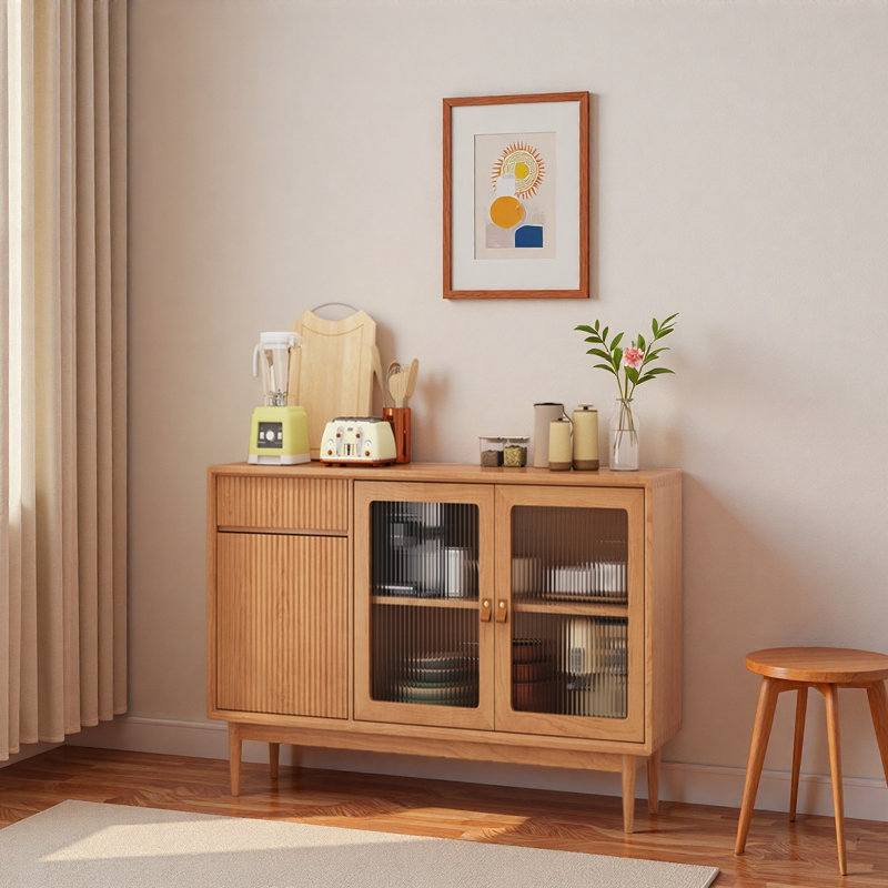 Middle Aged Small-Sized Glass Display Case, 33.46" H x 47.24" W x 15.75" D, Natural Wood