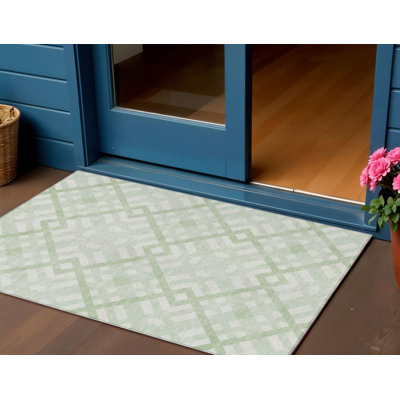 Tapis intérieur / extérieur géométrique lavable vert menthe et ivoire 3 pi x 5 pi