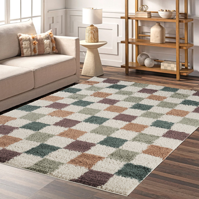 Chester Living Room Shaggy Area Rug Modern - Contemporary Checkered Design 30Mm Plush Pile Jute Backing Soft Woven Carpet -Hallway Indoor Rug, Multi