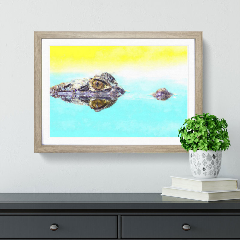 Peering Crocodile - Picture Frame Graphic Art Print, Oak, 24cm H x 33cm W x 2cm D