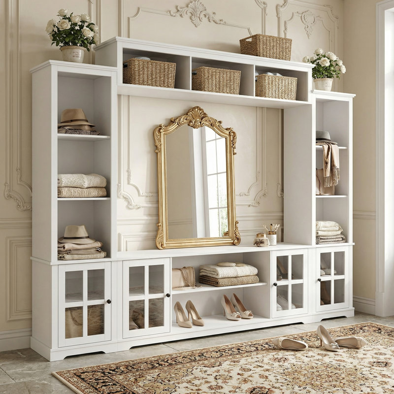 Starlin 102" Wide Entryway Hall Tree With Multi Shelves And Glass Door Cabinets, White