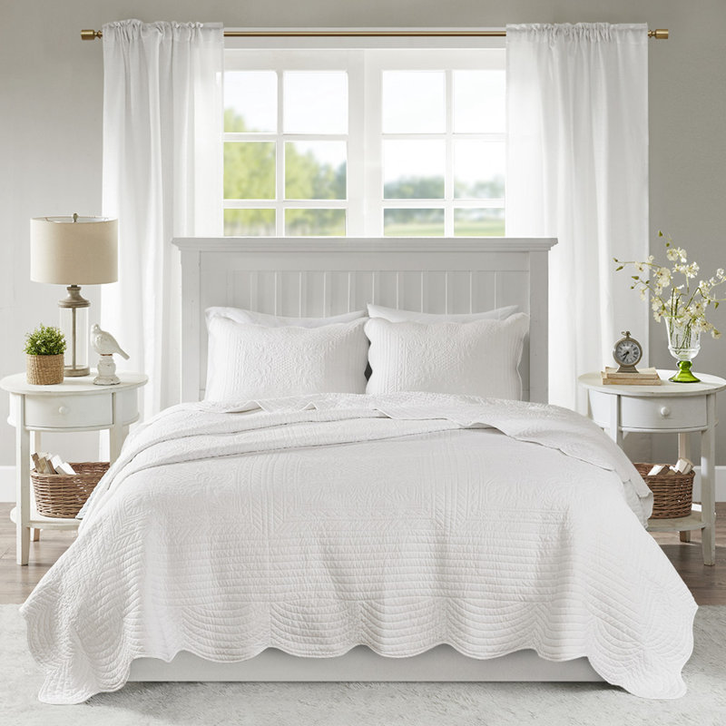 Courtepointe réversible 3 pièces double / grand, décoration à bords festonnés, microfibre douce, rembourrage 90% coton, hygiène sans effort, blanc, double / grand transport de campagne, détail, rembourrage, finition, facile à nettoyer,