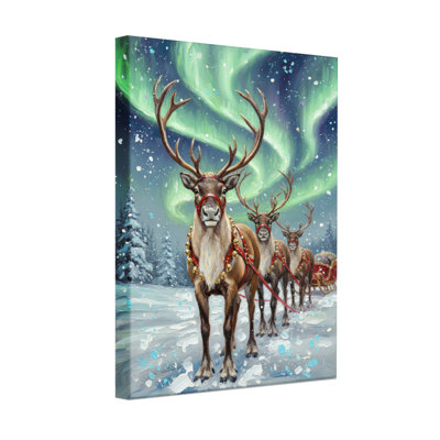Ensemble de 3 impressions sur toile tirage de traîneau de Noël sous les aurores boréales de Noël