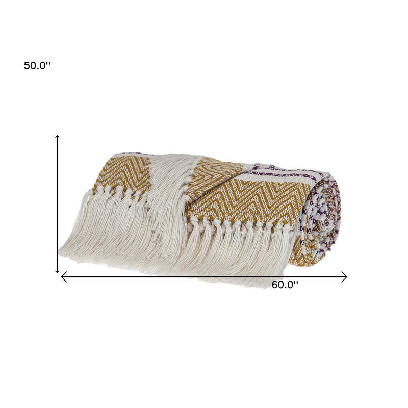 Jeté rayé moutarde en coton tissé