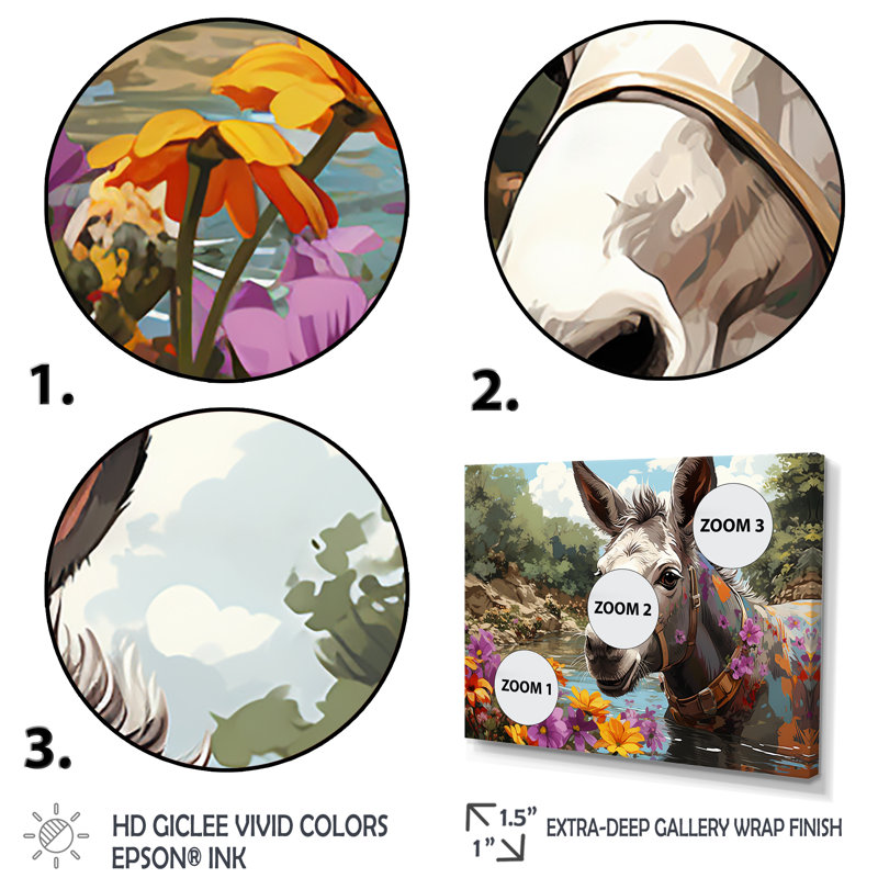 Farmhouse Donkeys Flower Charm III - âne, art mural, Cadre flottant blanc, H 12 po x l 20 po x P 1 po