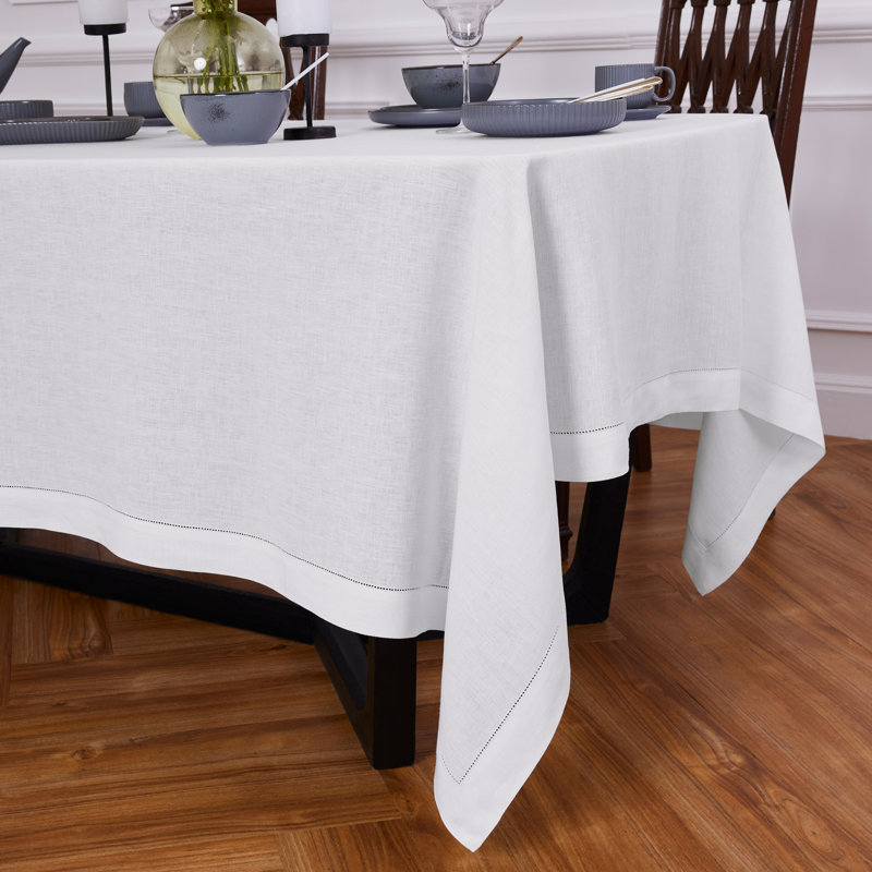 Sonoma Hemstitch - 100% Pure Linen Tablecloth (Prewashed), White, 144" x 70"