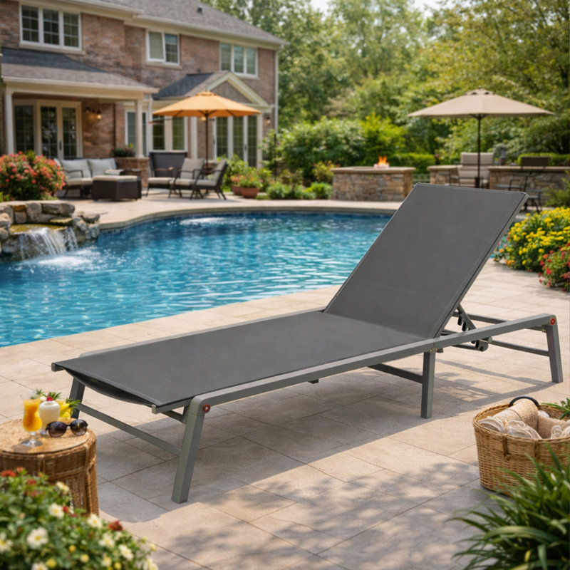 Kozyard Outdoor Foldable Lounge Chair, Aluminum Frame Patio Lounger with 5-Position Adjustable Backrest, Breathable Textilene Fabric, Assemble-Free, Reclining Full-Flat Poolside Gray